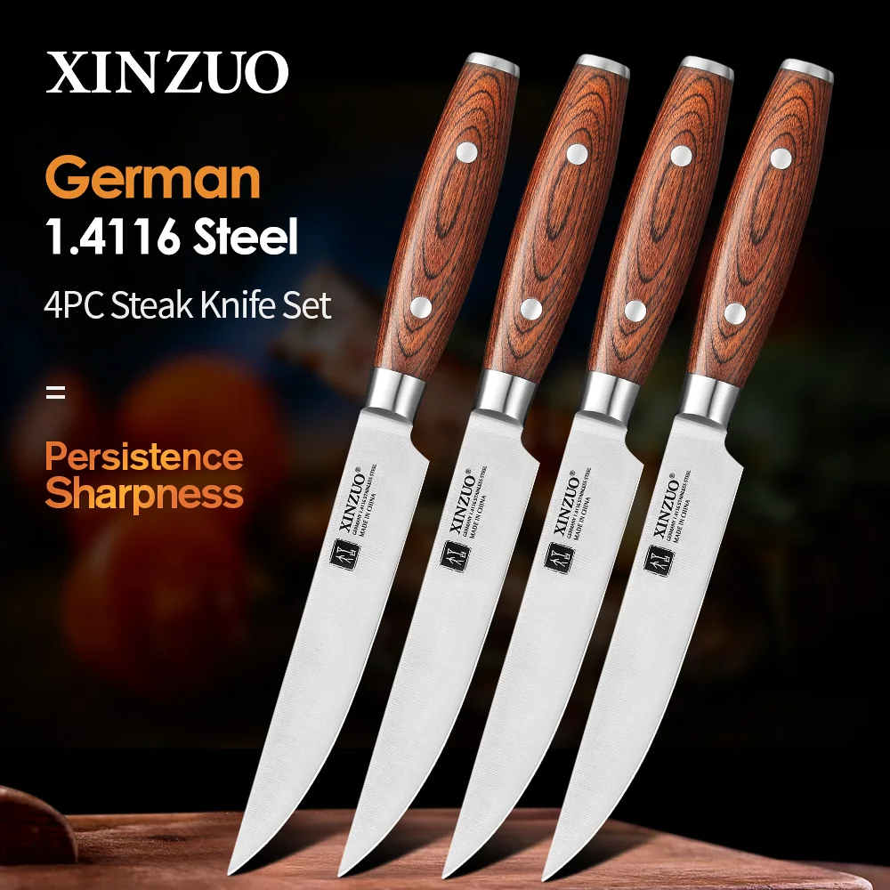 XINZUO 1/4 PCS 5\'\' Steak Knives DIN 1.4116 Stainless Steel Kitchen Knife Set High Carbon Steel Tableware Cutter Tools Pakkawood