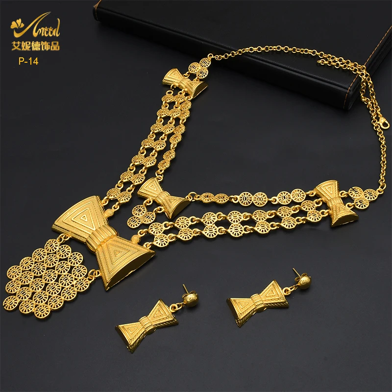 ANIID Indian 24K Gold Plated 2PCS Sets Necklace Earrings For Women Moroccan Nigerian Fashion Bridal Wedding Jewelry Set Gifts