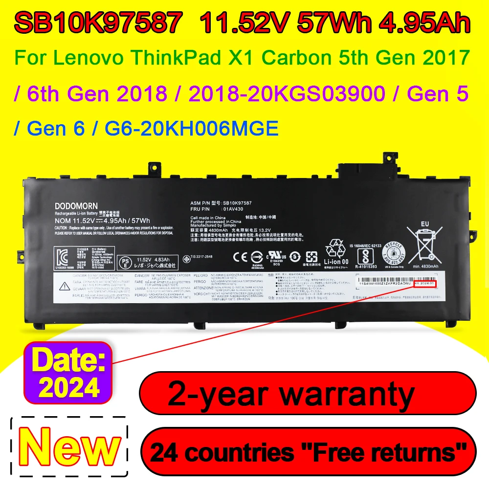 

01AV430 Laptop Battery For Lenovo Thinkpad X1 Carbon 5th 2017// 01AV429 01AV431 01AV494 SB10K97586 SB10K97587 11.52V 57Wh