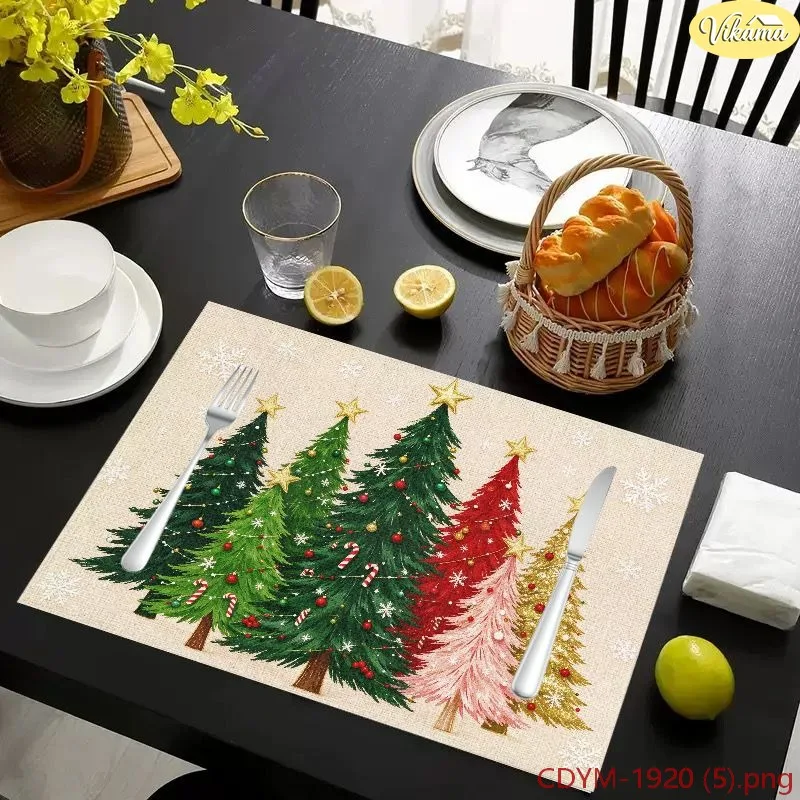 VIKAMA Christmas Placemats, Cream Wooden Cross Red Poinsettia Snowman Cardinal Design, Washable Winter Holiday Dining Mat