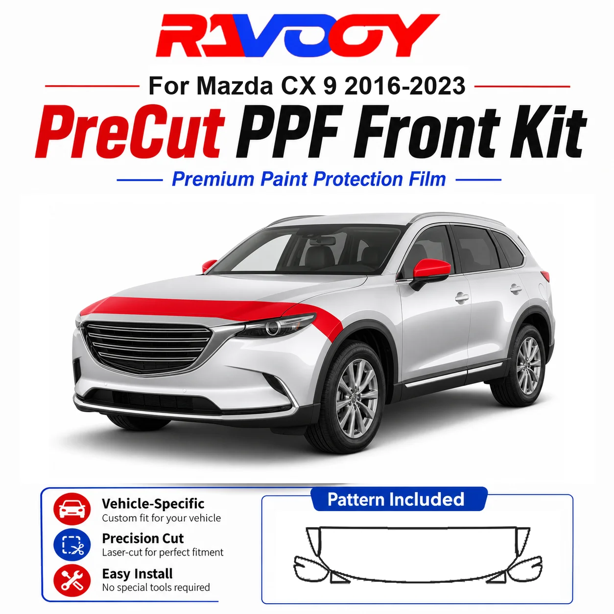 

8.5mil TPU Precut PPF Kit For Mazda CX 9 2016-2023 - Hood, Partial Fenders & Full Mirror Set - Self-Healing Gloss Clear Bra Film