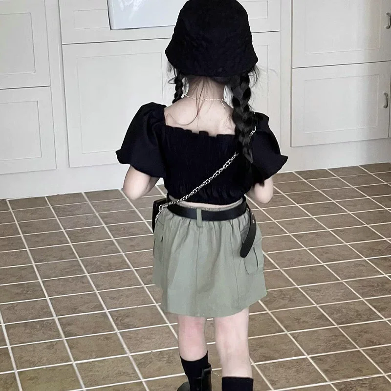 2026 Summer Baby Girls Cotton Crop Pleated Puff Sleeves Shirt Tops+Skirt(with Panties) Sets Kids 2PCS Tracksuit Children Outfit