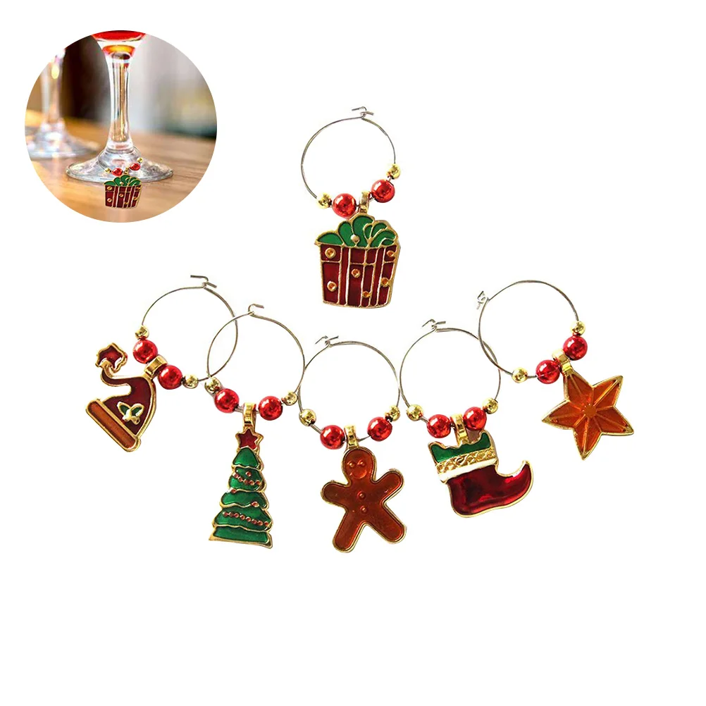 

6pcs Charms Christmas Theme Zinc Alloy Buckle Design Party Decoration Glass Rings Supplies Glass Marker Gifts