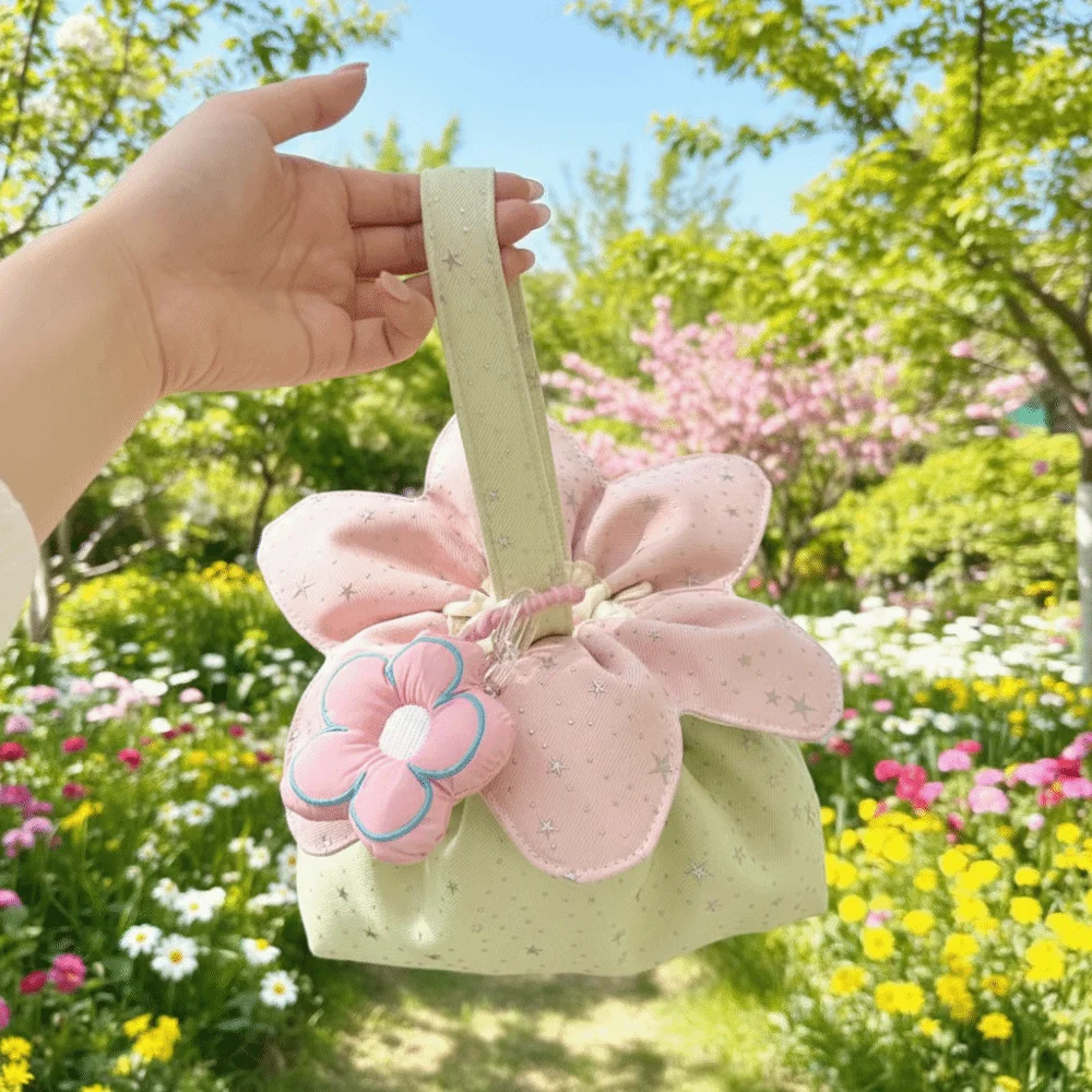 Bundle Pocket Flower Drawstring Crossbody Bag Plaid Korean Style Sparkly Star Flower Bag Portable Cute Flower Handbag