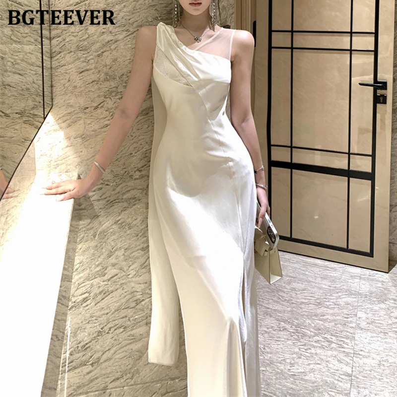 

BGTEEVER Elegant Slim Waist Ladies Sleeveless Bodycon Skinny Party Dress Summer Fashion Women Split Package Hip Midi Dress