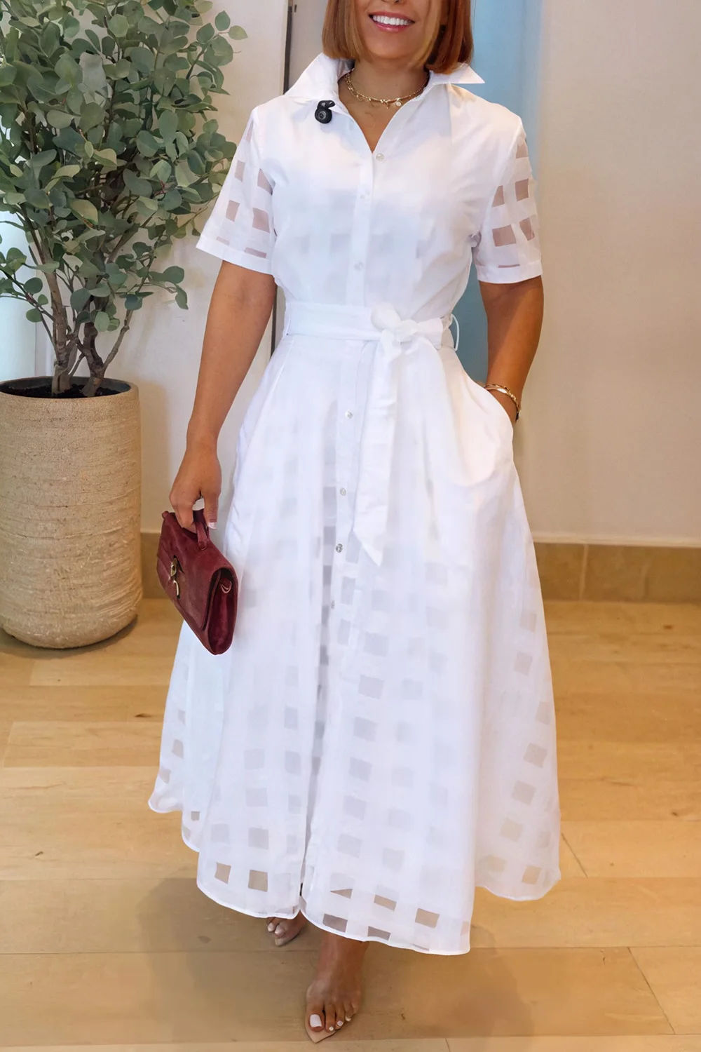 

Plus Size Business Casual White Shirt Collar Short Sleeve Pocket Casual Maxi Dresses