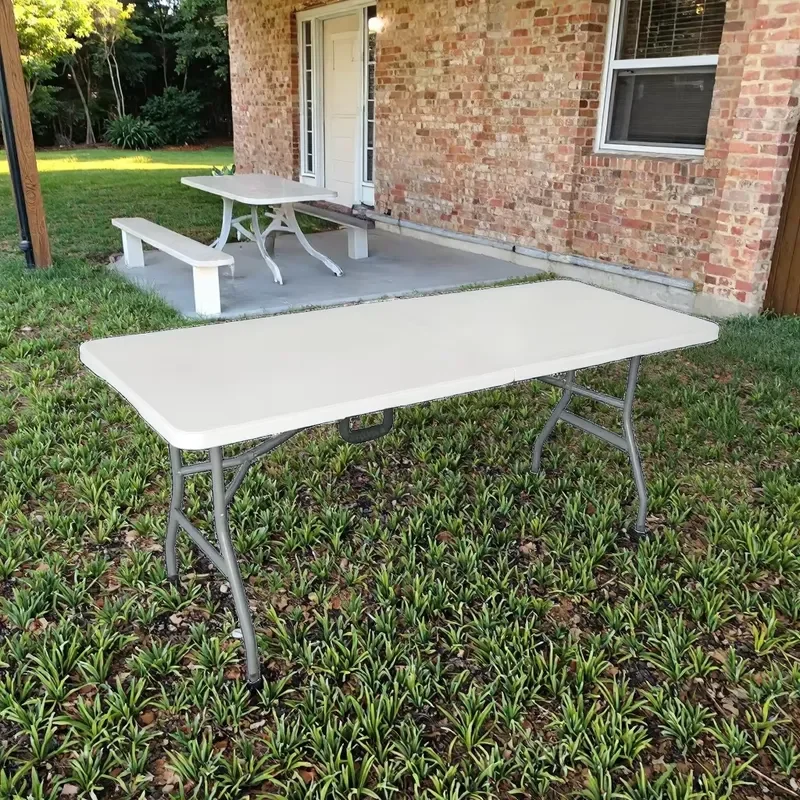 for 6Ft 180cm HDPE Plastic Folding Conference Table with Cable Management Metal Frame for Kitchen Dining Table and Chair Set