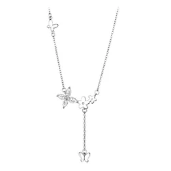 CIAXY Silver Color AAA Zircon Flower Necklaces for Women Elegant Butterfly Tassel Pendant Clavicle Chain Choker Luxury Jewelry