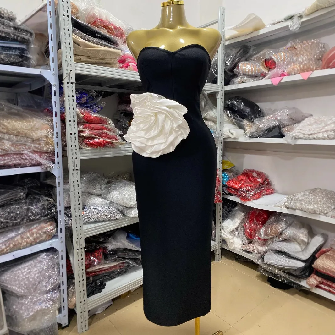 

Women New Black Bandage Dress Black Strapless With Big White Flowers Midi Calf Long Evening Club Party Dresses Guest Looking