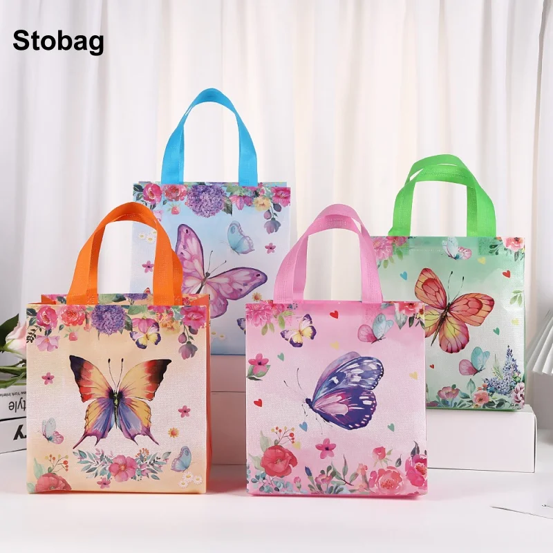 StoBag 8/20pcs Non-woven Tote Bags Butterfly Gift Fabric Candy Cake Packaging Waterproof Storage Reusable Pouch Party Favors