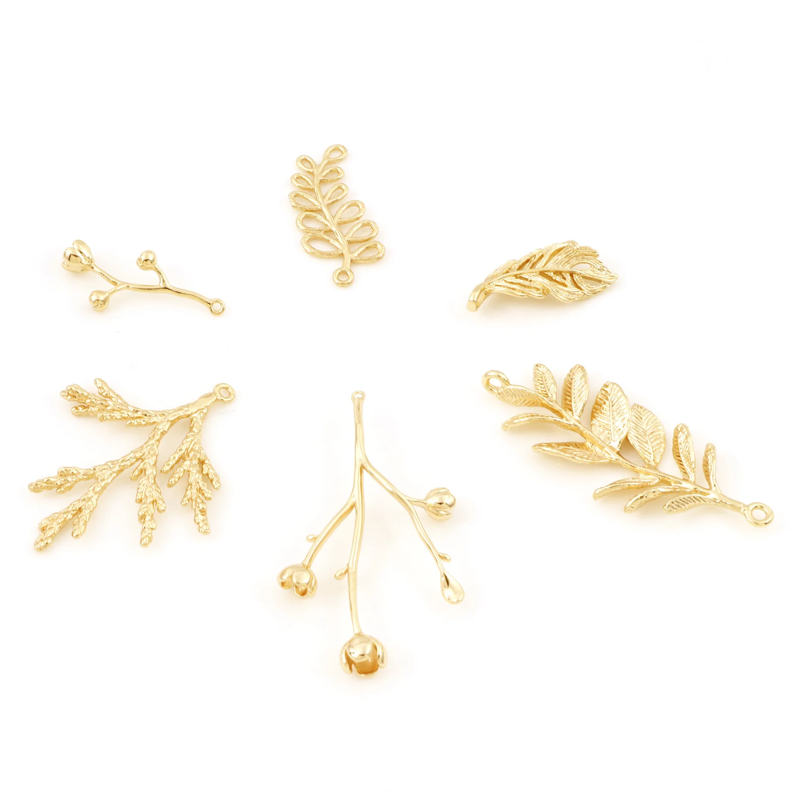 2PCs Gold Color Copper Leaf Branch Charms Flower Feather Pine Branch Pendants Connector For Jewelry Making Diy Earring Supplies