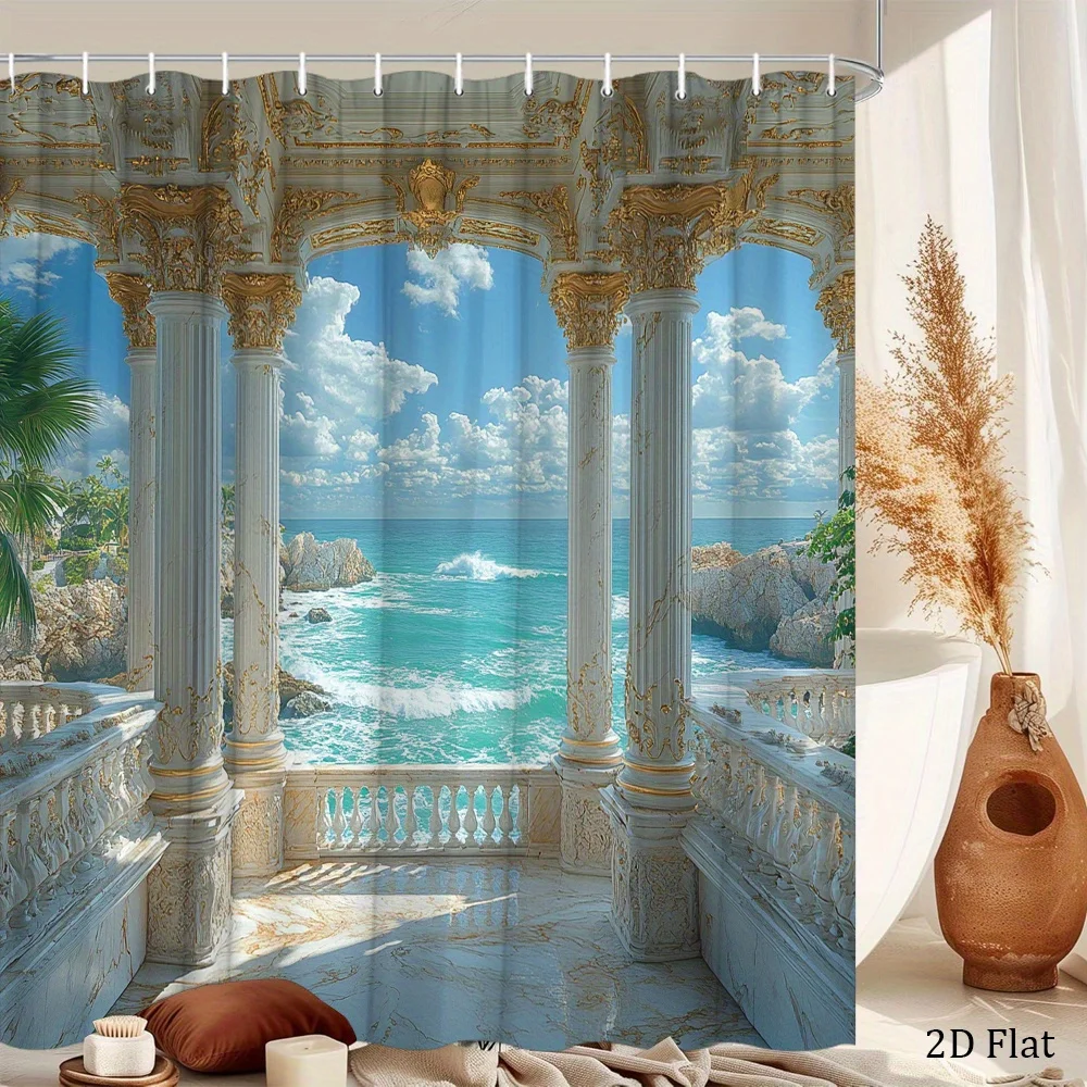 [2D Flat Printing] 1pc Elegant Shower Curtain Featuring Luxury Patio with Marble Columns and Turquoise Ocean View, Grand Bathroo