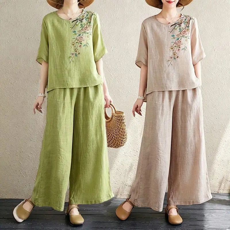 2026 Spring Summer Lady Fashion Cotton Linen Blouse 2PCS Korean Women Printed Tops Wide-leg Pants Two Piece Suit Female Outfits