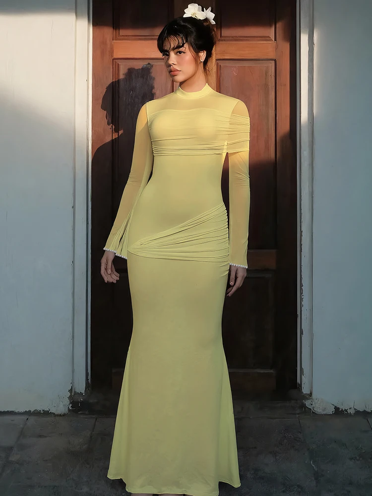 WEIRD PUSS Ele أصفر مطوي طويل Sve سليم صالح عالية الياقة الدكتور المرأة Faionable الشيفون الصيف الدكتور