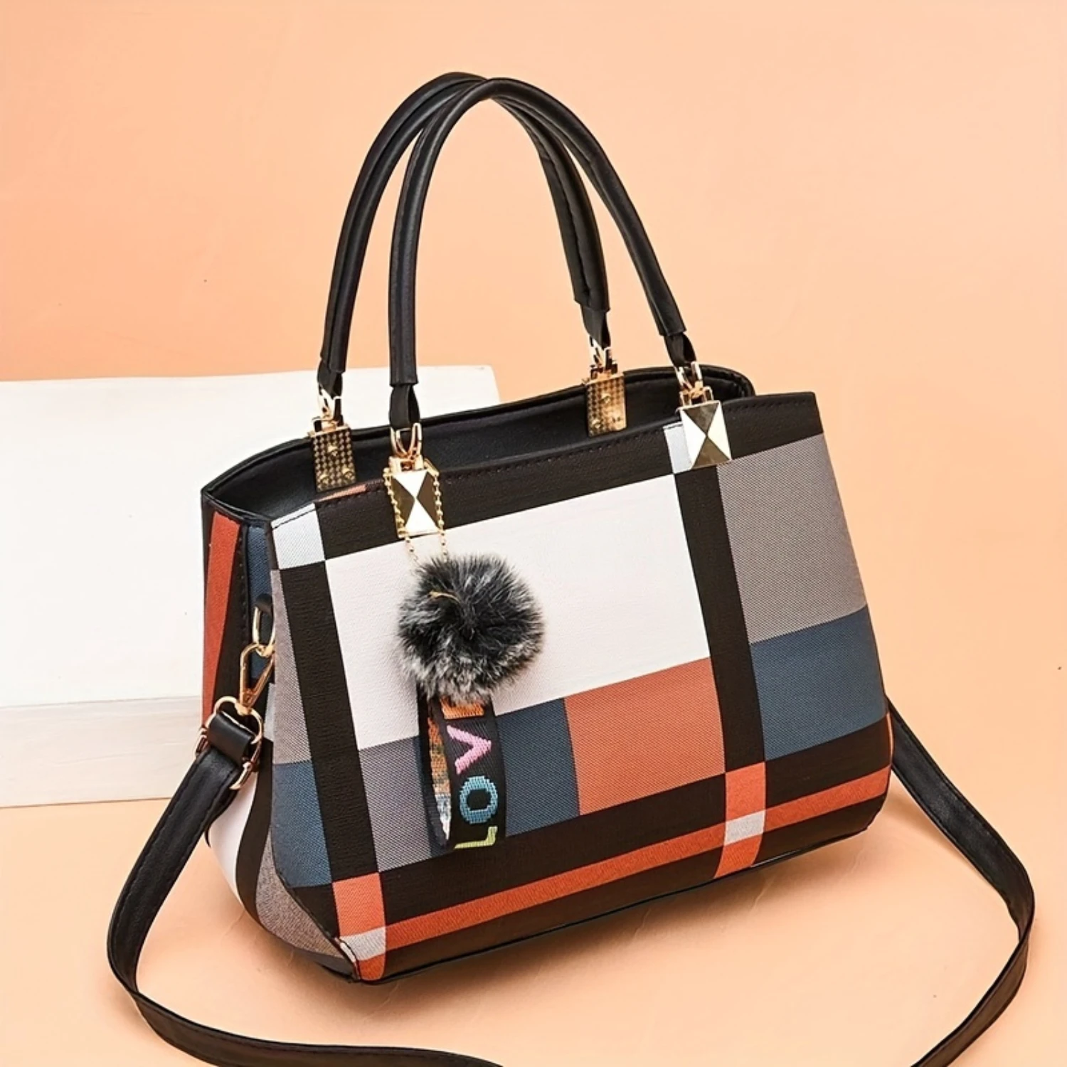 

Trendy Colorblock Womens Handbag - Stylish Plaid Pattern with Fun Pompom Charms - Versatile Shoulder & Crossbody Purse for Casua