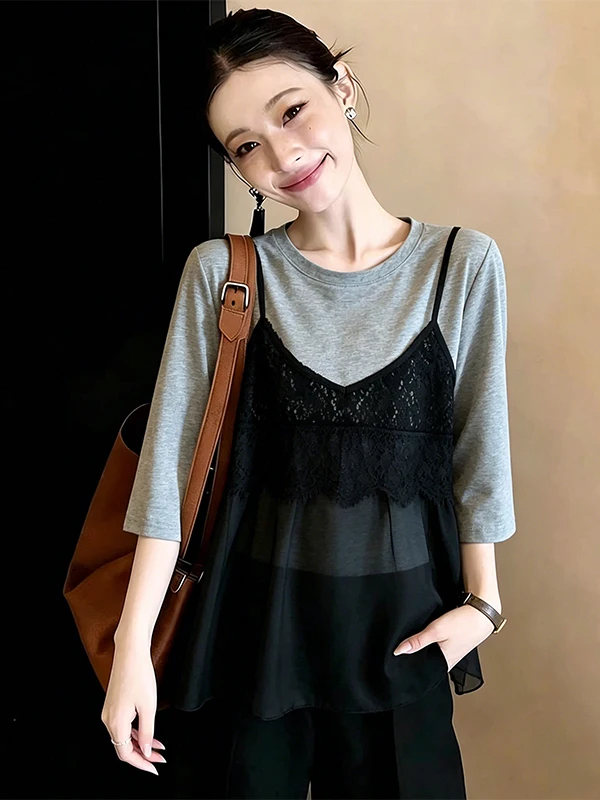 

Summer New plus Size Casual Elegant Splice Women's T-shirt Loose Slimming Top Korean Style Commute Short Sleeve round Neck
