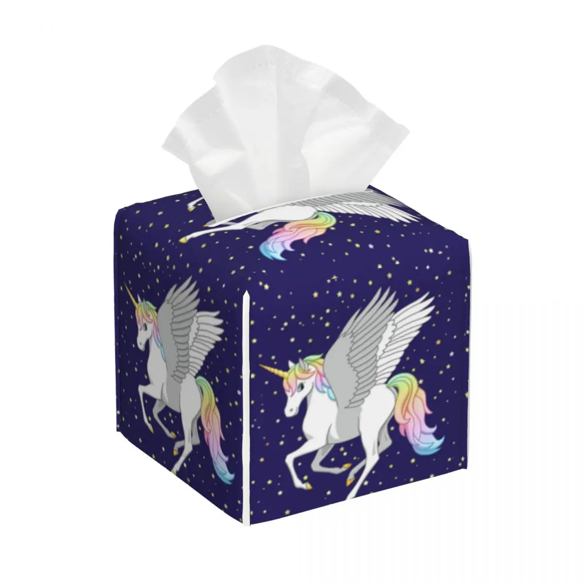 Custom Rainbow Unicorn Flying Horse Tissue Box Cover Square PU Leather Facial Tissue Box Holder for Bathroom Home