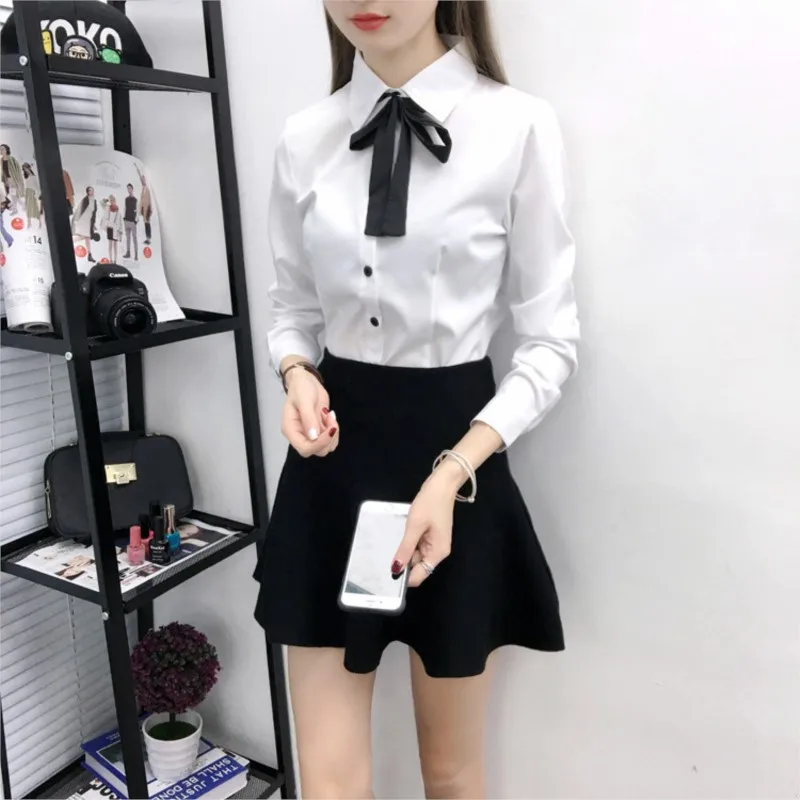 White Shirt Women Blouse Long Sleeve Slim Work Blouse Shirts Women\'s Office Casual Blouses Fashion Bow Tops 5572