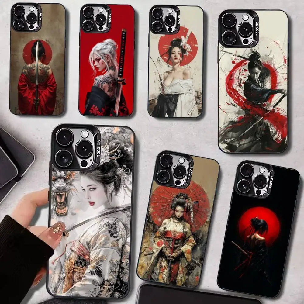 Samurai Warrior Geisha Capa de telefone preta fosca para iPhone 17/16/15/14/13/12/11 pro Max Design de doces à prova de choque