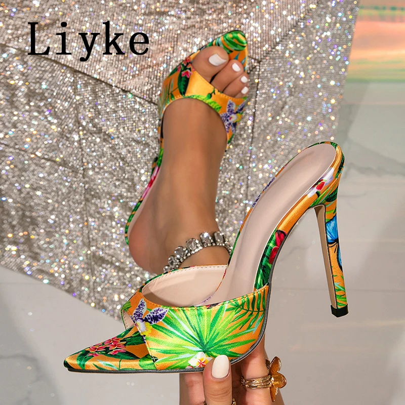 Liyke أنيقة أشار تو رقيقة عالية الكعب النعال الحديثة النساء مختلط الألوان الحرير الصيف صندل السيدات فستان الحفلات أحذية حجم 42