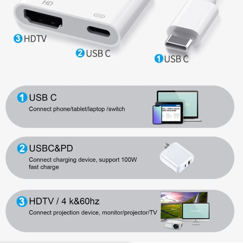 محول فيديو USB 3.1 من النوع C إلى 4K مع توصيل طاقة 100 واط للهواتف