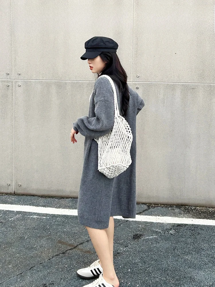 

Autumn Warm Suri Lazy Over-Knee Medium-Length Knitted Open Cardigan Women's Autumn Winter Korean Sle Outerwear Lantern S...