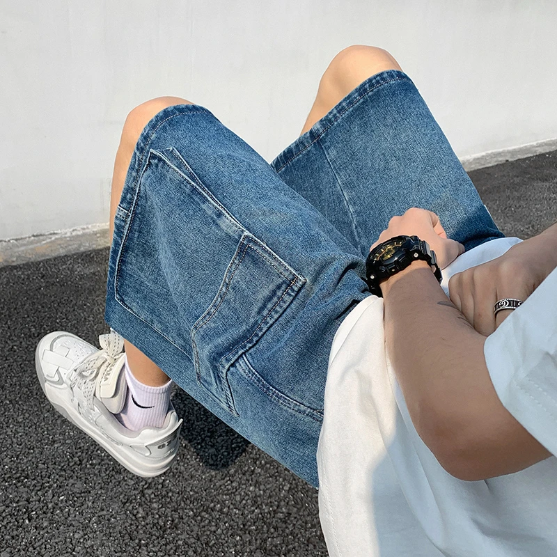 Summer New Baggy Denim Shorts Men\'s Pocket Jeans Elastic Waist Casual Blue High Street Drawstring Short Pants Streetwear