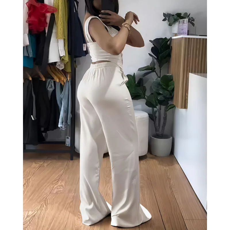 2025 Women's Set Elegant Strap Short Tight Tank Top Casual Wide Leg Pants Commuter Spring/Summer New Style