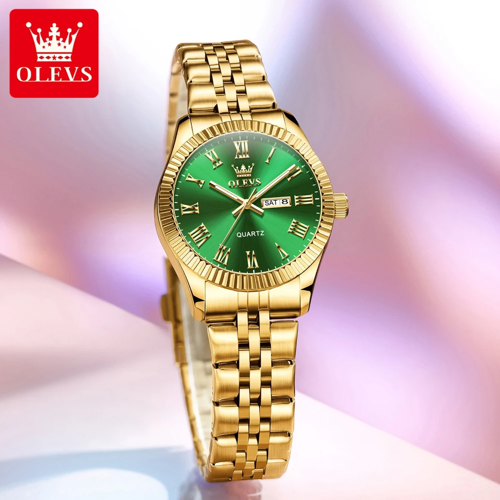 OLEVS 5706 Women Quartz Watch Green Dial Gold Stainless Steel Bracelet Day Date Roman Numeral Ladies Wristwatch Gift