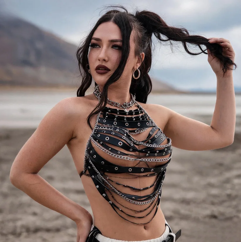 AKYZO European And American Sexy Hot Girl Tag Leather Harness Multi-Layer Hollow Vest Music Festival Party Outfit Top For Women
