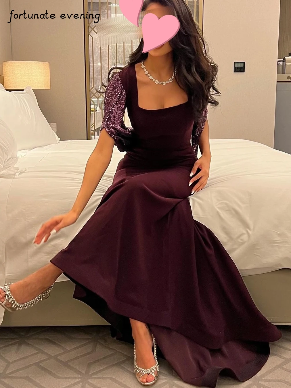 Fortunate Evening Elegant Vintage Sweet Purple Sequins Mermaid Square Collar Formal Occasion Prom Dress Evening Party Gowns