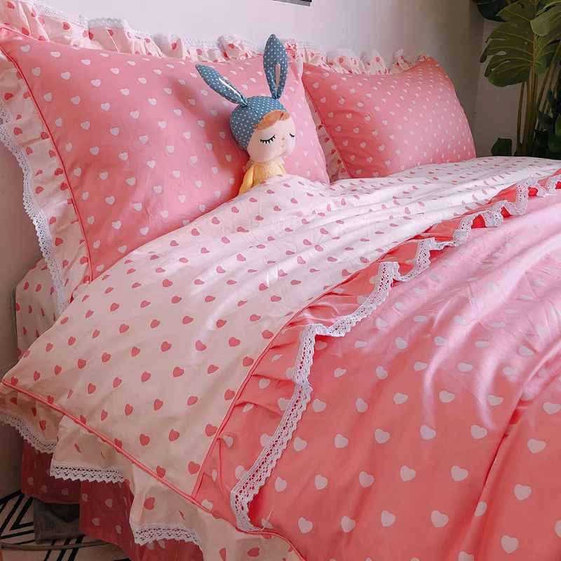 Korean 100% Cotton Pink Bedding Set,   Princess Lace Ruffle Duvet Cover with Sweet Heart, Fairy Elegant Bedding Sets for Girls