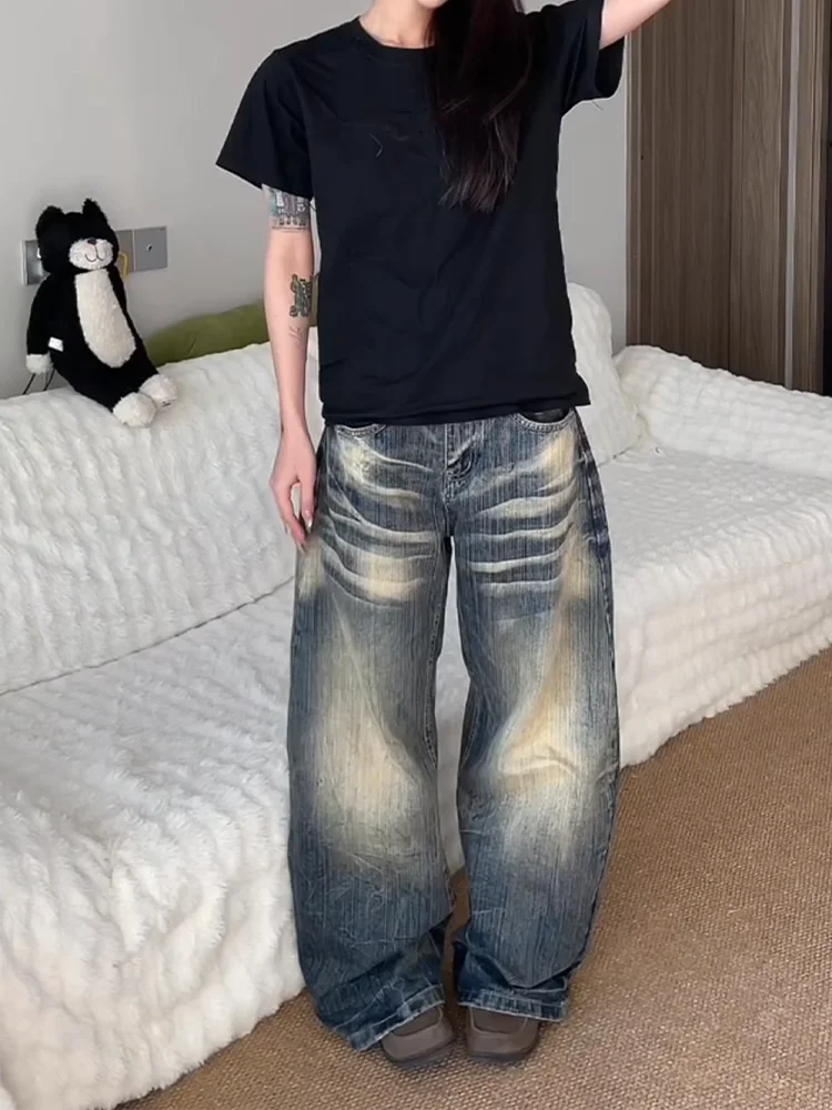 

Large Size American Washed Old Jeans Women Retro Personality Bamboo Bud Pattern Loose Casual Wide Leg Pants