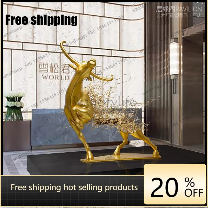 PJ Large Floor-to-Earth Iron Art Hollow Ox Sculpture Large Ornament Hotel Sales Office