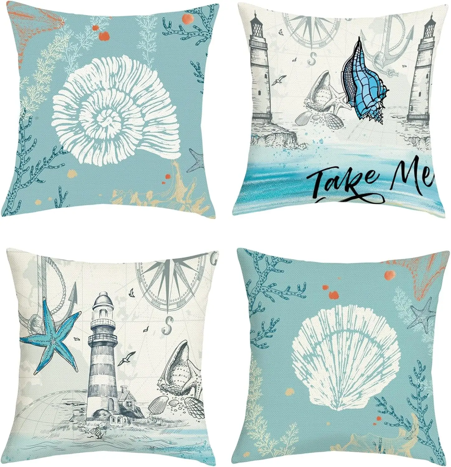 Decorative 4 Piece Nautical Cushion Cover Set Coastal Beach Ocean Lighthouse Seashell Throw Pillows for Polyester Home Decor