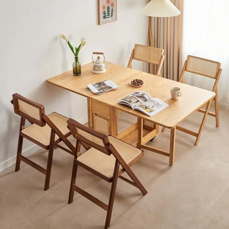 Solid wood folding dining table, small household rattan woven square telescopic dining table, Japanese modern minimalist table a