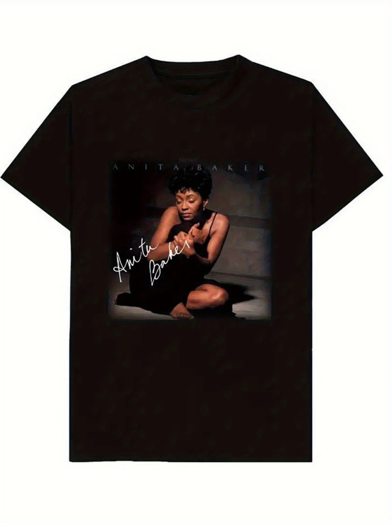 Camiseta sencilla-Camiseta de algodón con estampado de autógrafos de la firma de Anita Baker-Camiseta informal negra con cuello redondo y ajuste cómodo,