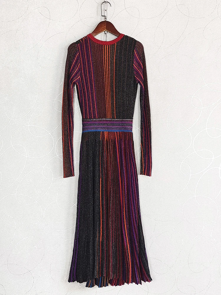 AELESEEN Runway Fashion Autumn Winter Knitted Dress Vintage Long Sleeve V-Neck Rainbow Striped Slim Elegant Pleated Party