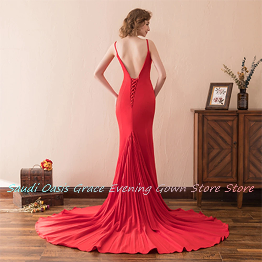 Fashion Jersey Mermaid Spaghetti Straps Evening Dress Sexy Floor Length V-Neck Sleeveless فساتين سهره نسائيه فخمة