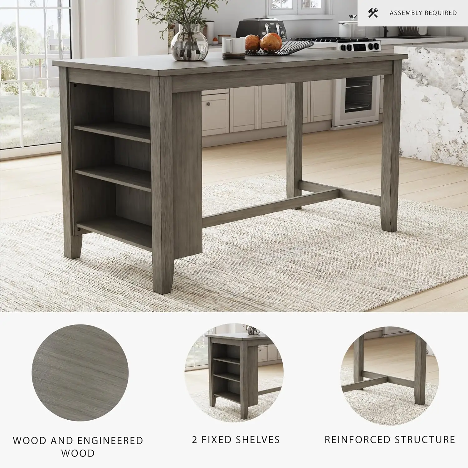 [New Arrival!]Caitbrook Rustic Counter Height Dining Table with Storage, Dark Gray