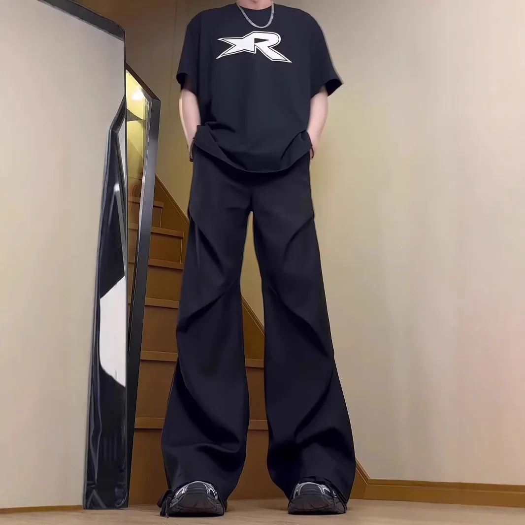 American High Street Plissado Cadendo Calças de Cor Sólida Masculino Casual Nicho High-end Calças Casuais