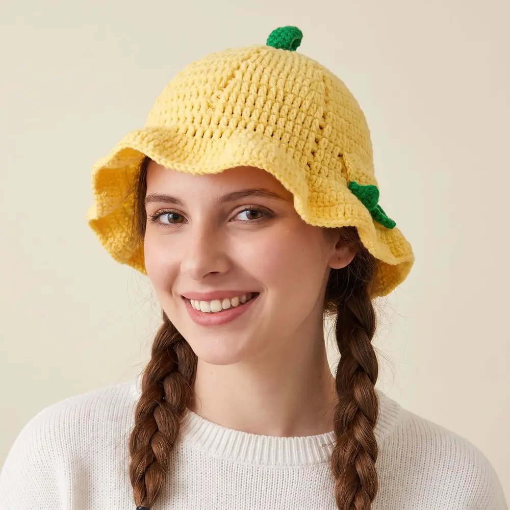 Kawaii Ruffle Strawberry Knitted Hat Fruit Shaped orange Knit Fisherman Hat Soft Handmade Crochet Beanie Cap Winter Autumn view 3