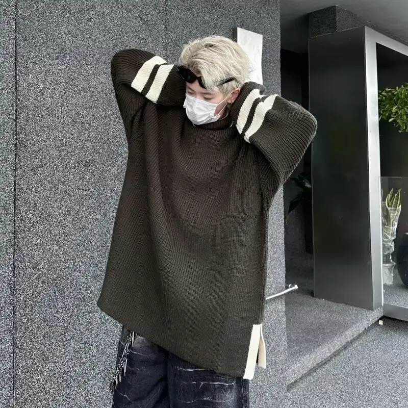 [OIMG] Autumn And Winter High Neck Sweater Men's Pullover Slit Loose Color American Fashion Brand Knitted Sweater