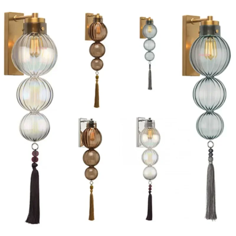 

Modern Gourd Wall Lamps Copper Chinese Bedroom Living Room Restaurant Teahouse Aisle Hotel Sconce Wall Sconces Glass Lampshade