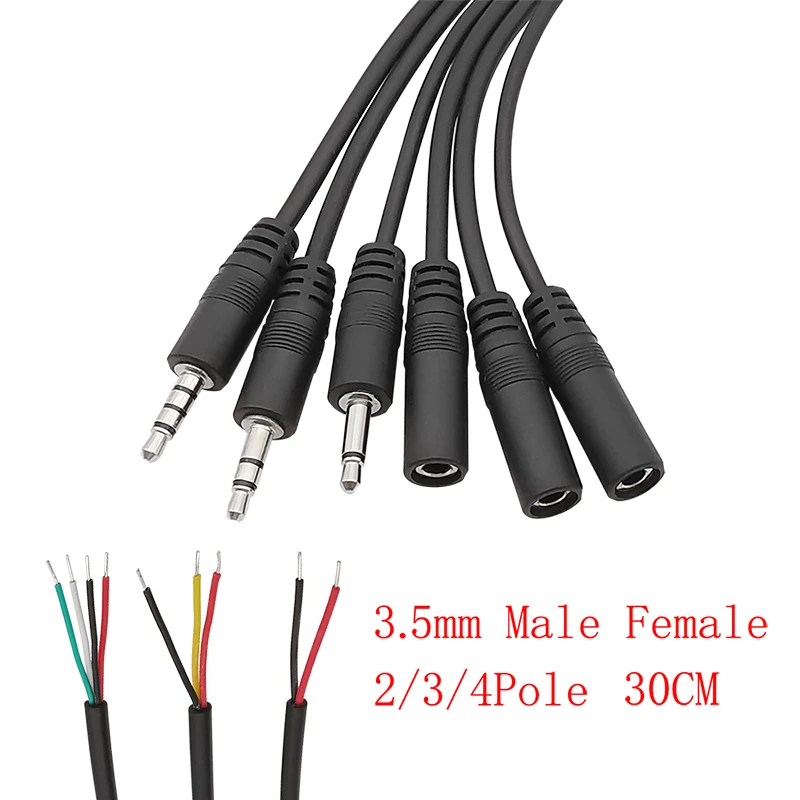 5Pcs Mono/Stereo 3.5mm Male Plug / Female Jack to Bare Wire AUX 2/3/4 Pole Pin Audio Headphone DIY Repair Extension Cable 30CM