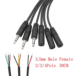 5Pcs Mono/Stereo 3.5mm Male Plug / Female Jack to Bare Wire AUX 2/3/4 Pole Pin Audio Headphone DIY Repair Extension Cable 30CM