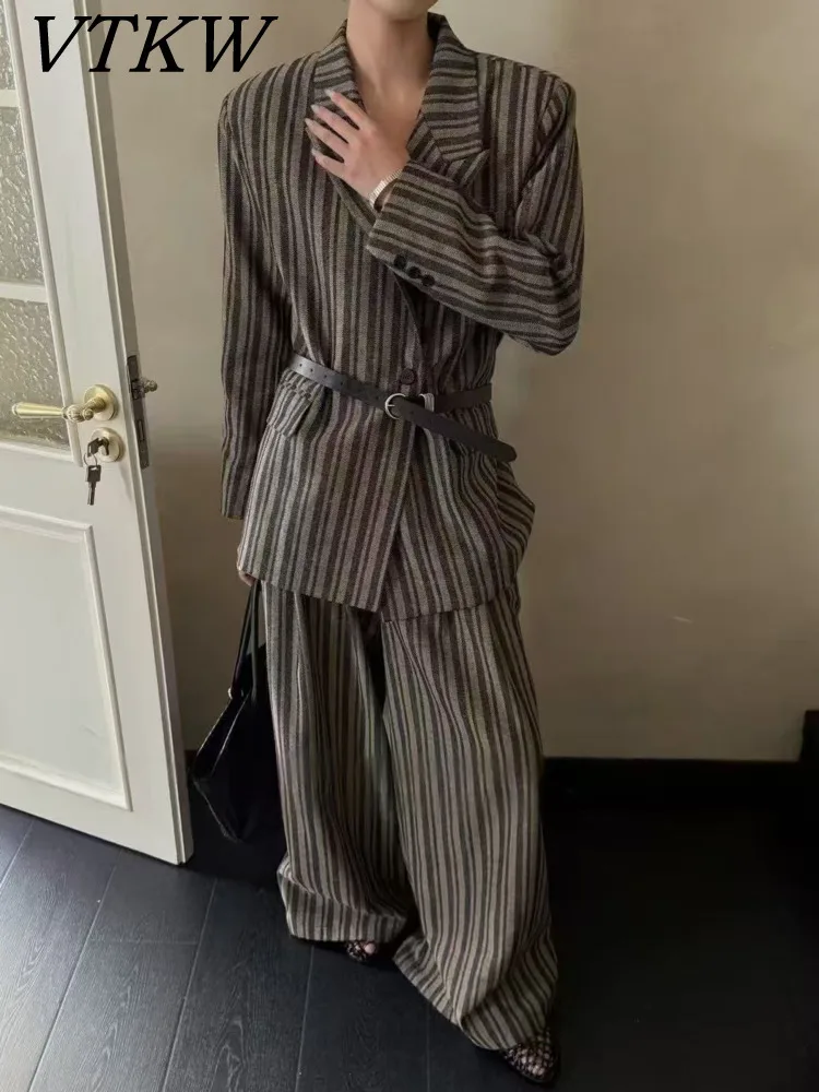 

VTKW Women’s 2025 Spring Summer Vintage Striped Single Blazer High Waist Wide Leg Pants Two Piece Set Designer Office Wear Set