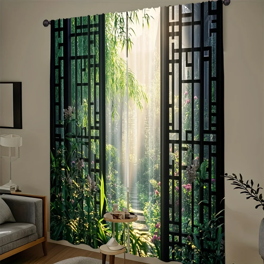 Tropical Bamboo Jungle Curtains Window Drapes Nature View Window Treatment Polyester Curtain Panel for Modern Home Decor Living