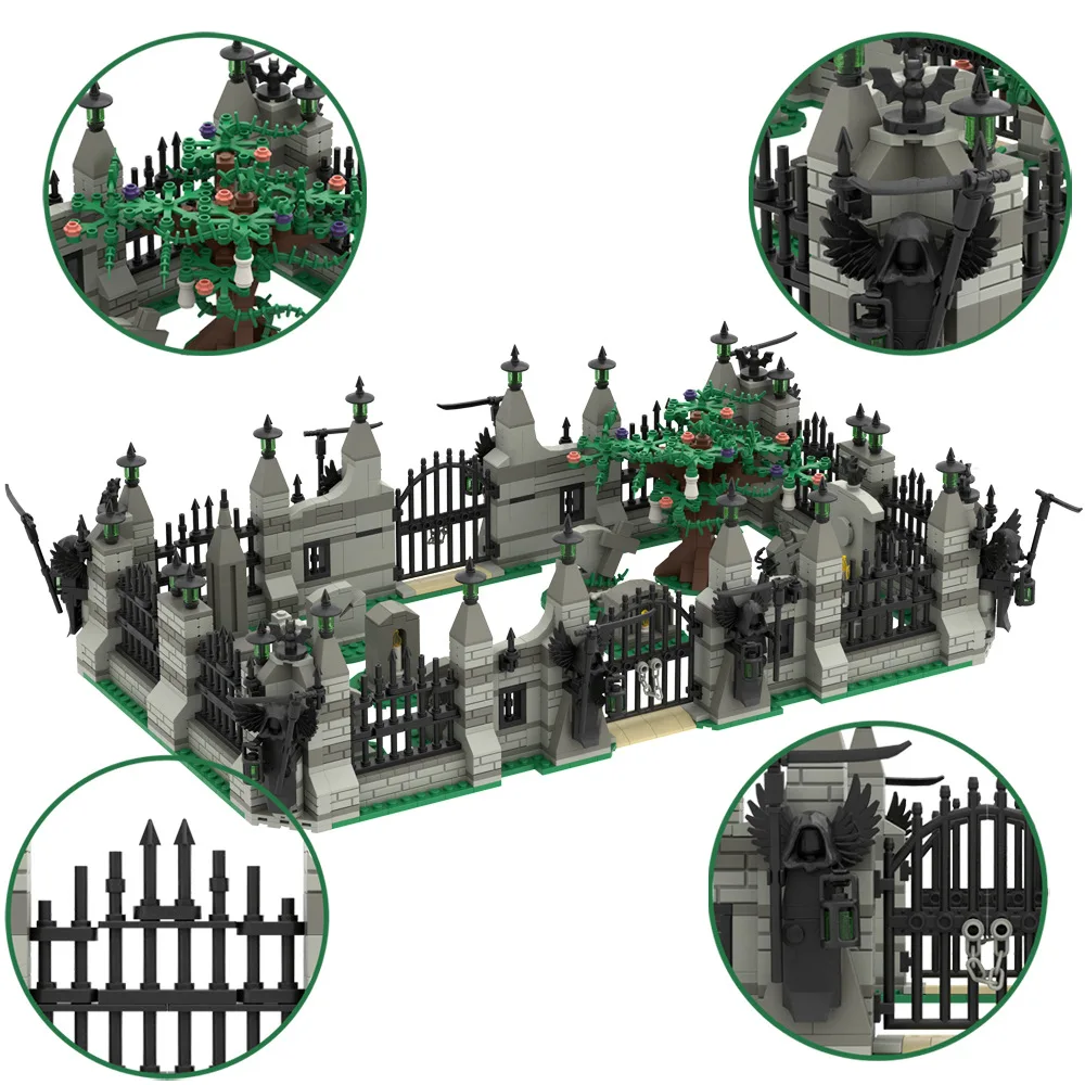 MOC Halloween Cemetery Building Blocks Haunted House Manor Death Statue Fence Tree Skeleton Vampire Figures Bricks Toys  Gift