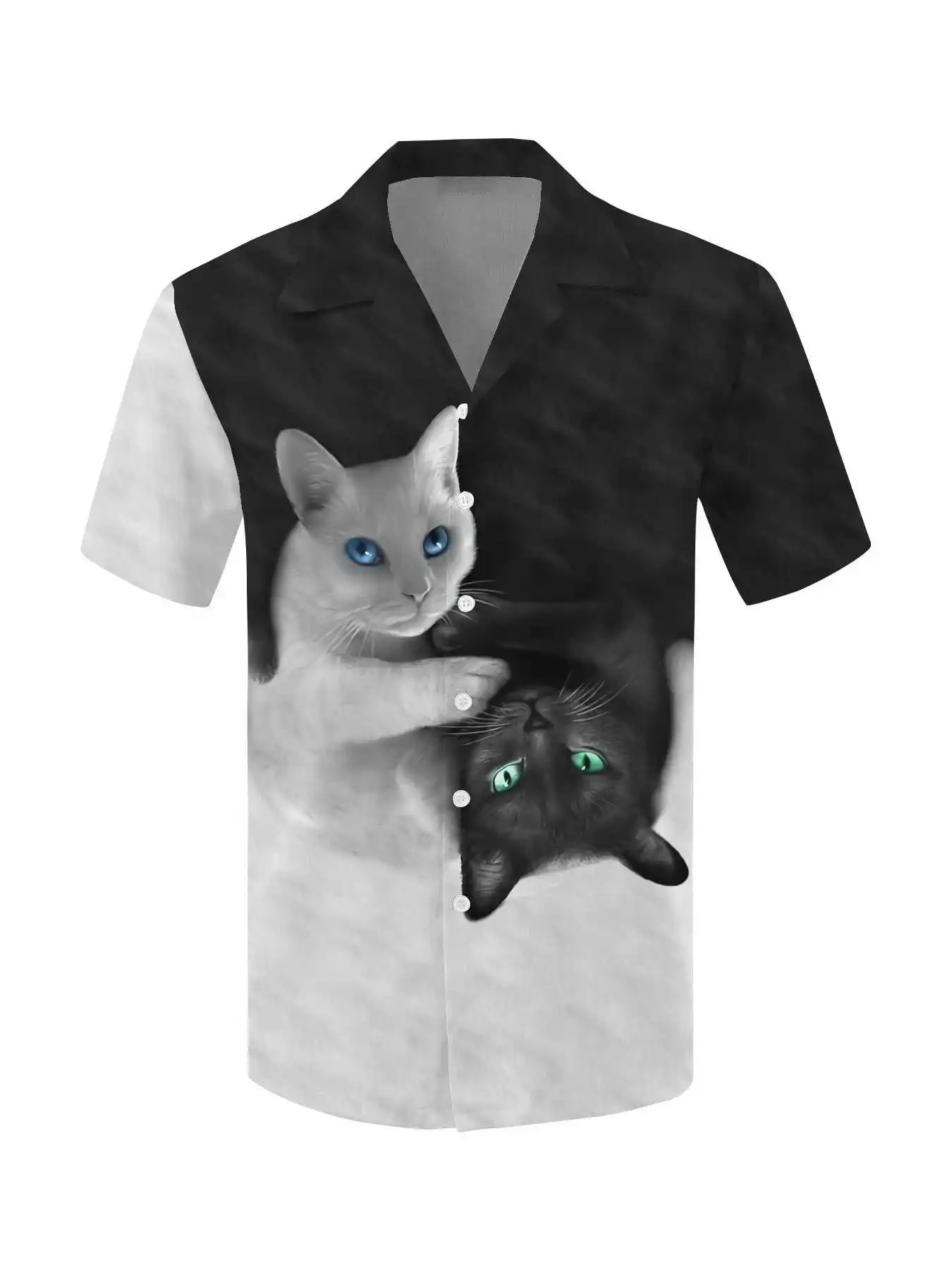 Camisa havaiana com ícone 3D para homem, manga curta, camisa animal, retrô, casual, preta, camiseta larga, 2024